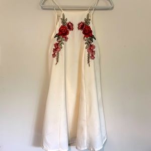 Floral Embroidered Open-Back Dress, Cream, Size Large